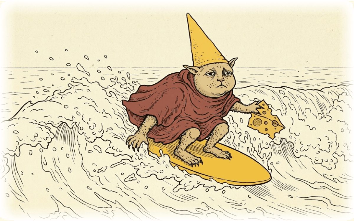 A grumpy little cat in a cheese hat and red cloak, riding a wave on a cheese-yellow surfboard